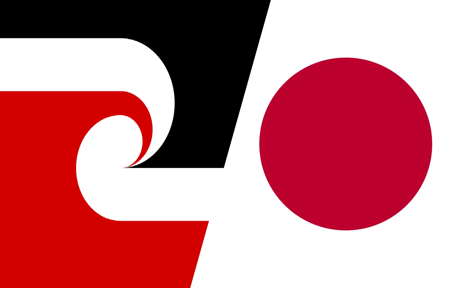 The Tino Rangatiratanga flag and the flag of Japan side by side, divided by a diagonal cut — the black, white and red koru on the left, the crimson disc on the right